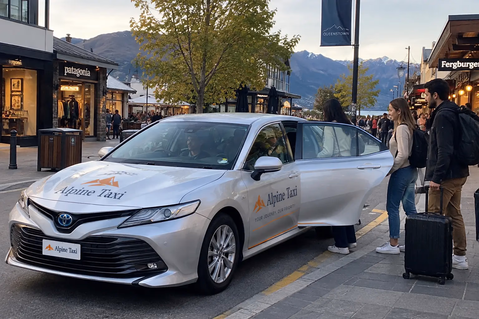 An Alpine Taxi driver picking up passengers on a Queenstown street