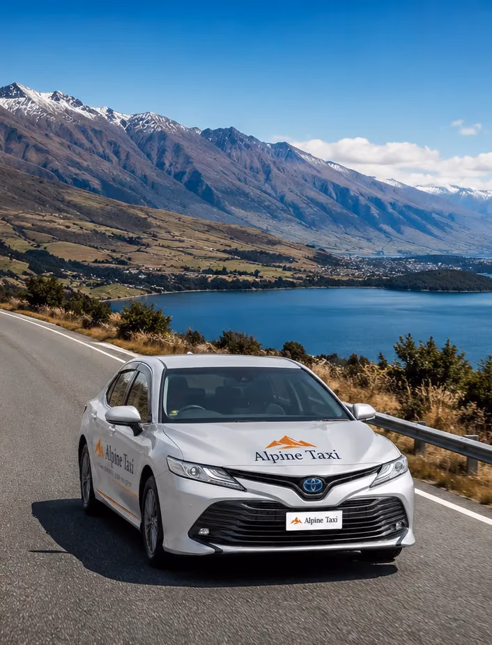 An Alpine Taxi car on the road above Lake Wakatipu, with the Remarkables behind