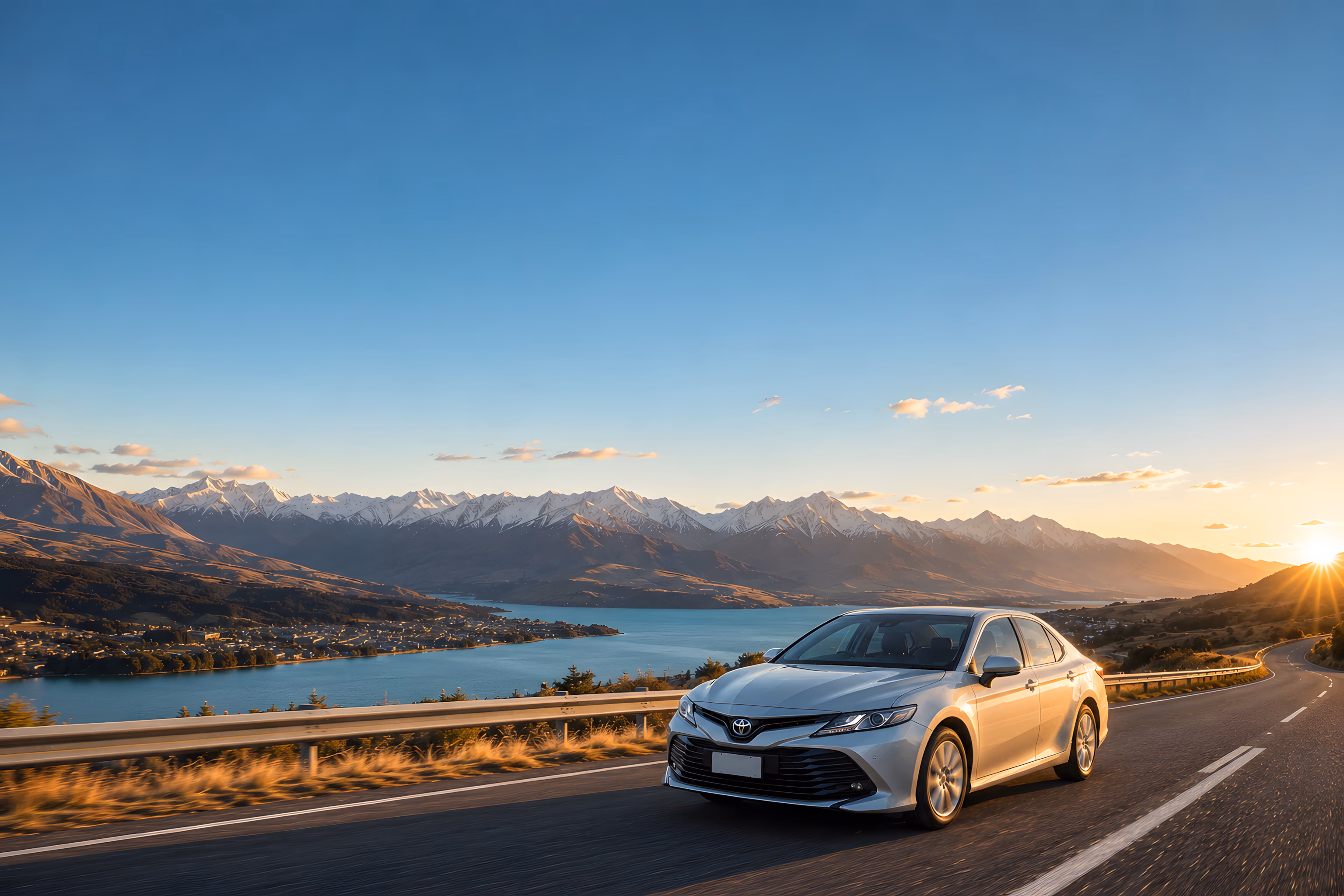 A silver Alpine Taxi sedan on the highway above Lake Wakatipu, with the snow-capped Southern Alps behind